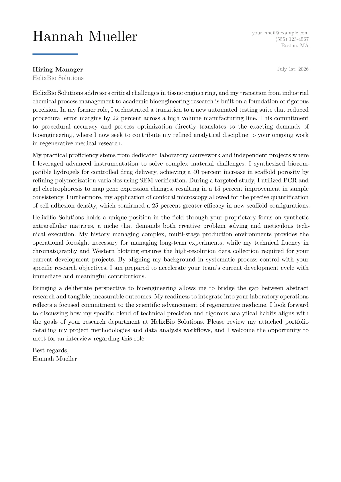 Bioengineering Student cover letter in the Executive design