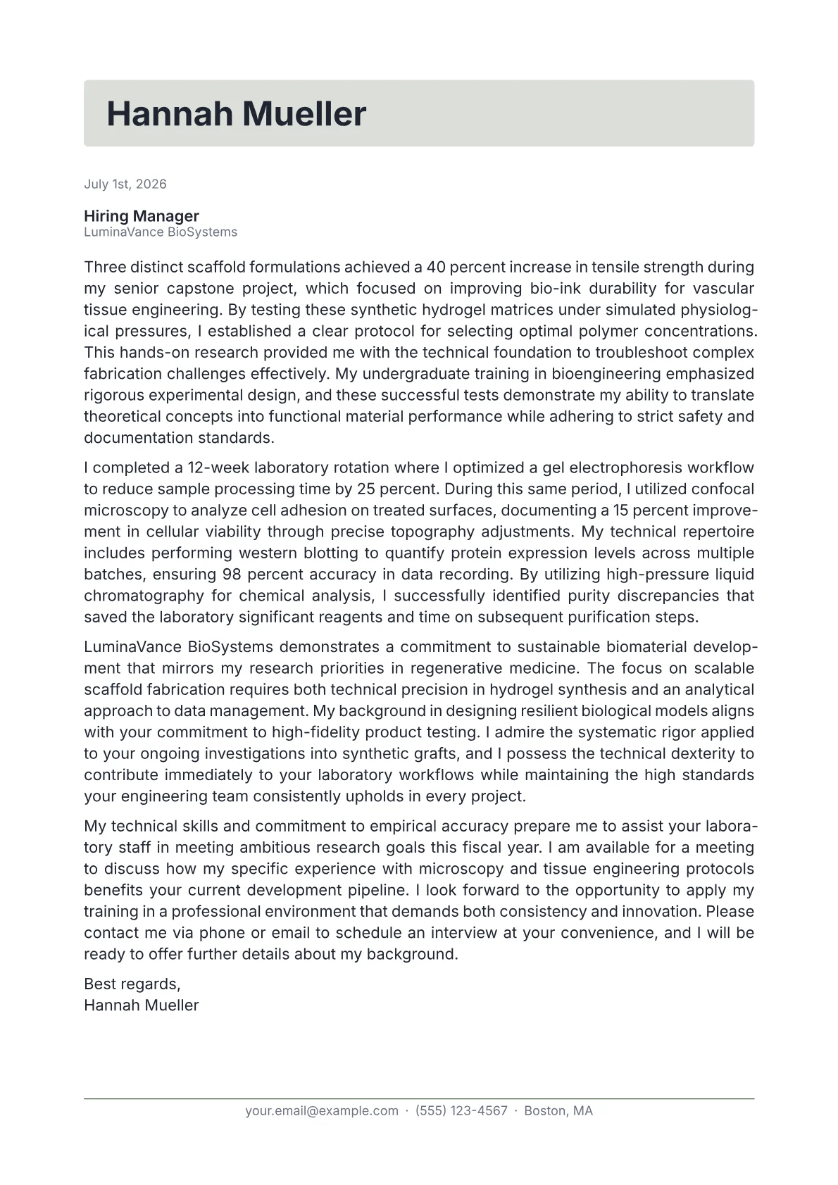 Bioengineering Student cover letter in the Letterhead design