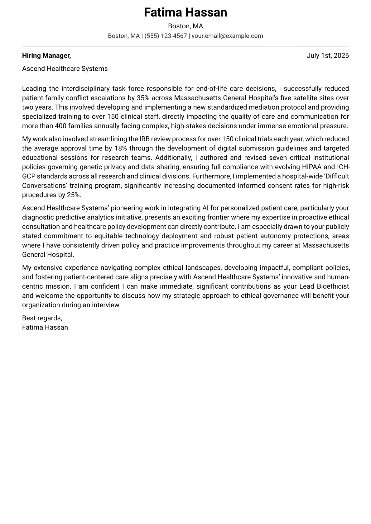 Bioethicist cover letter formatted with a JobSprout template
