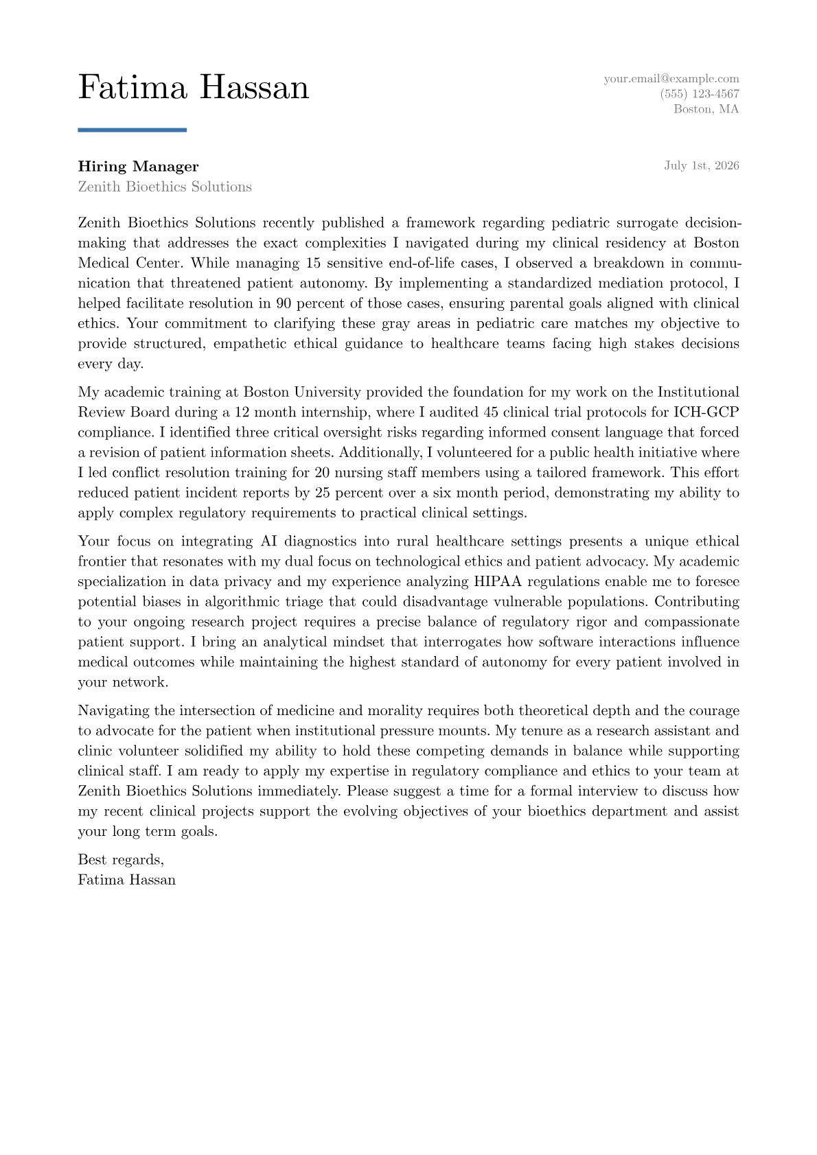 Bioethicist cover letter in the Executive design