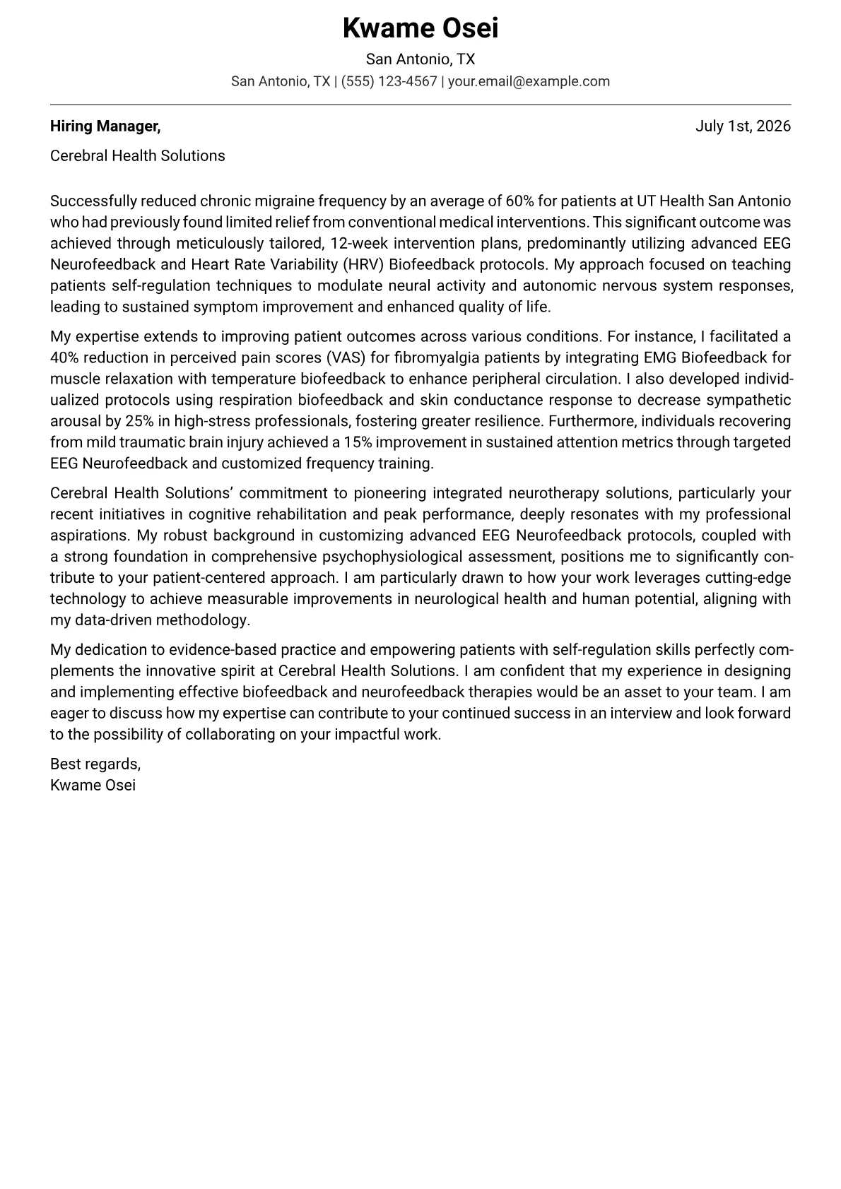 Biofeedback Therapist cover letter formatted with a JobSprout template