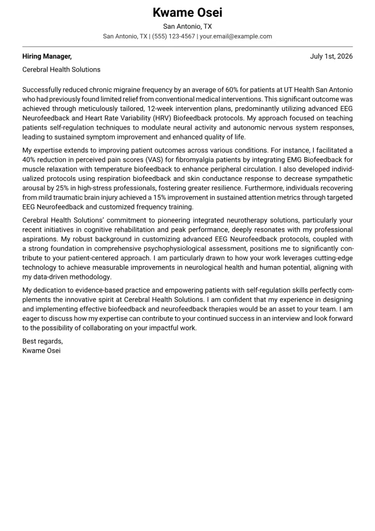 Biofeedback Therapist cover letter example preview