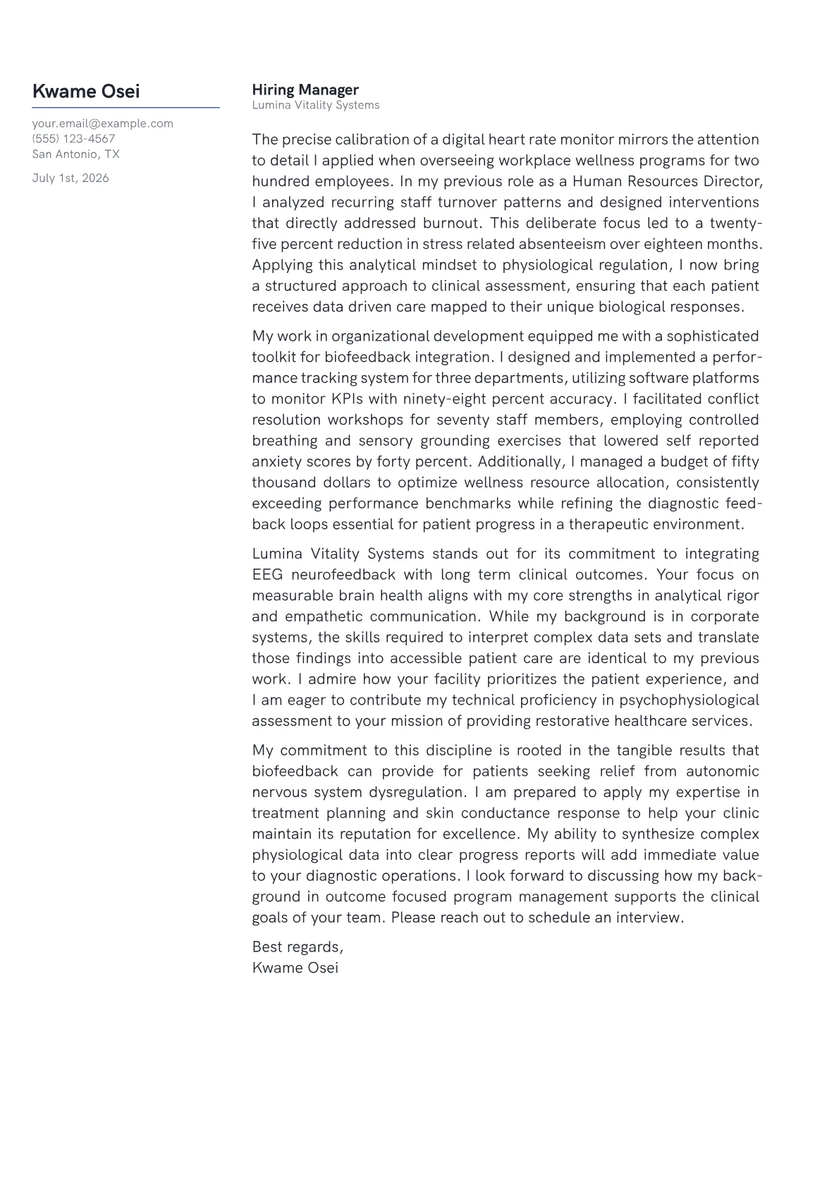 Biofeedback Therapist cover letter in the Margin design