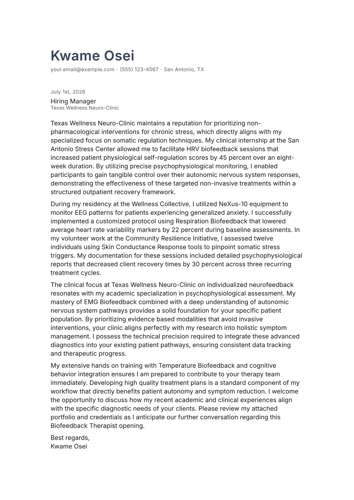 Biofeedback Therapist cover letter in the Minimal design