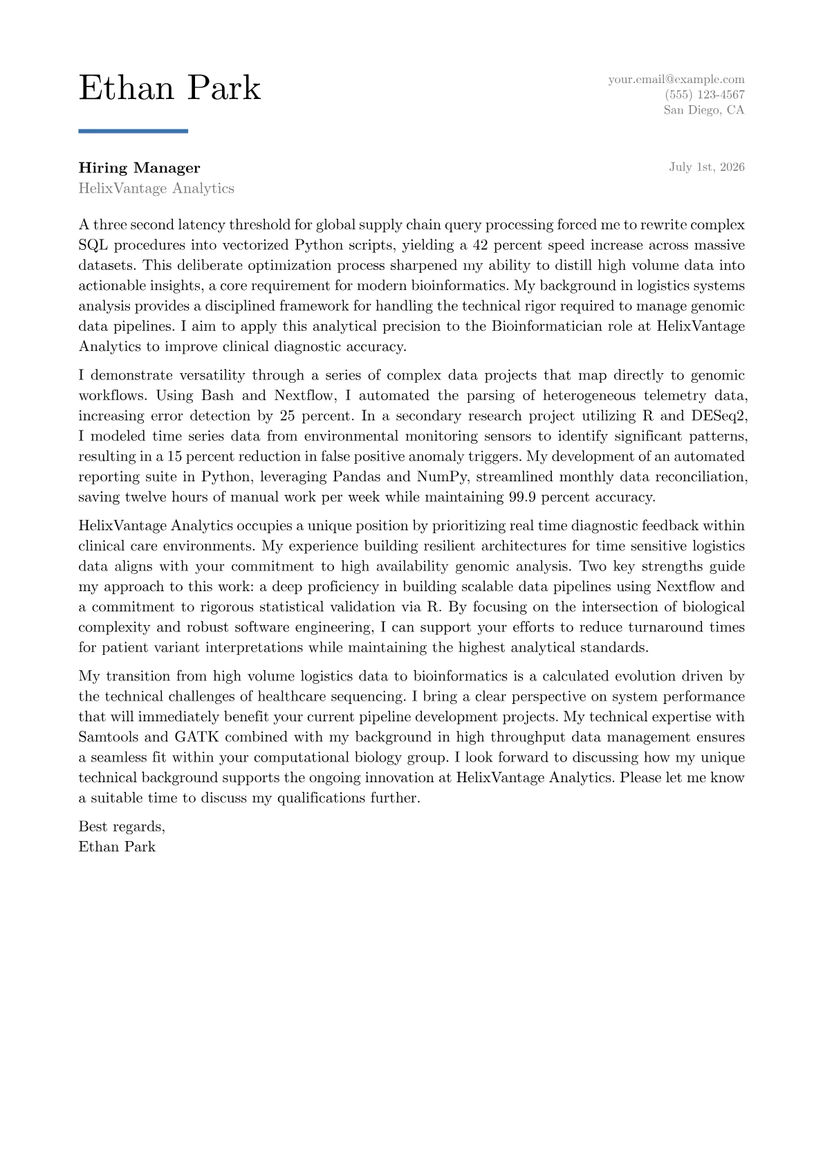 Bioinformatician cover letter in the Executive design