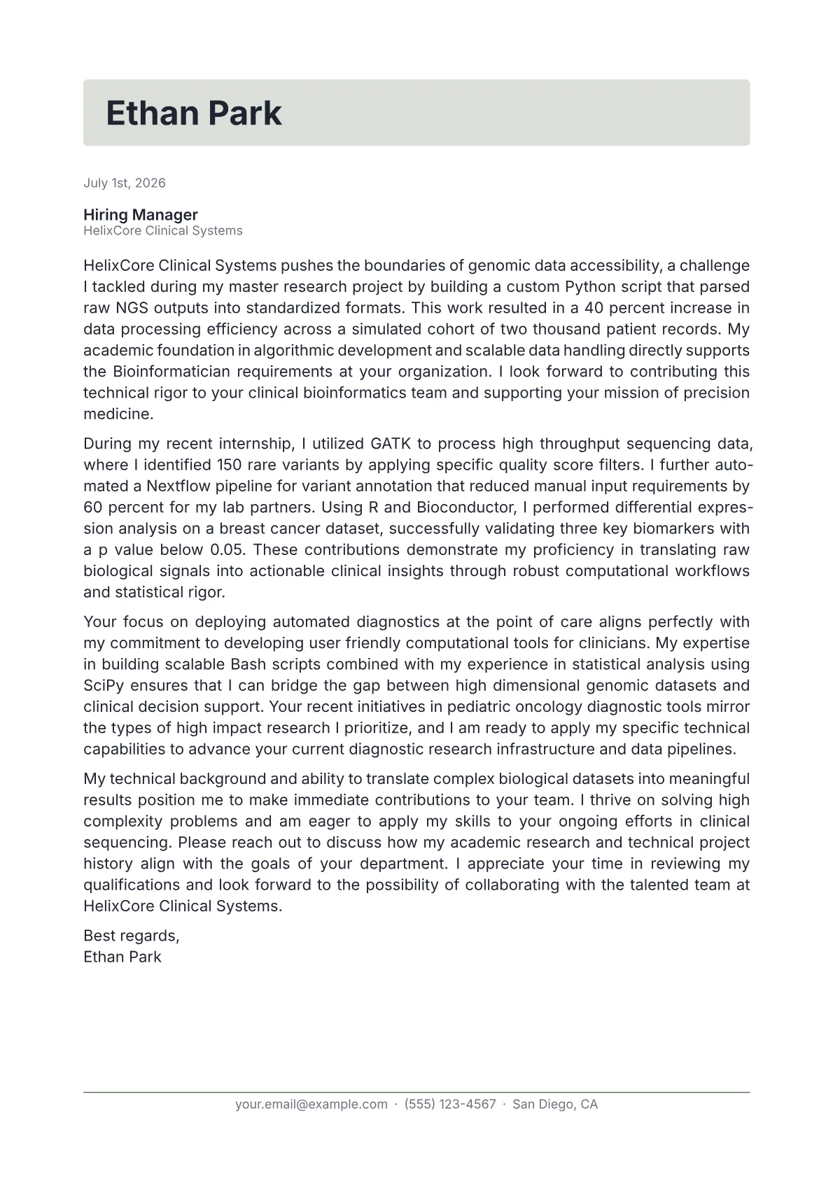 Bioinformatician cover letter in the Letterhead design