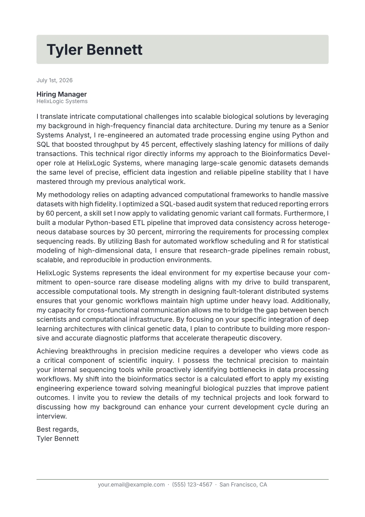 Bioinformatics Developer cover letter in the Letterhead design