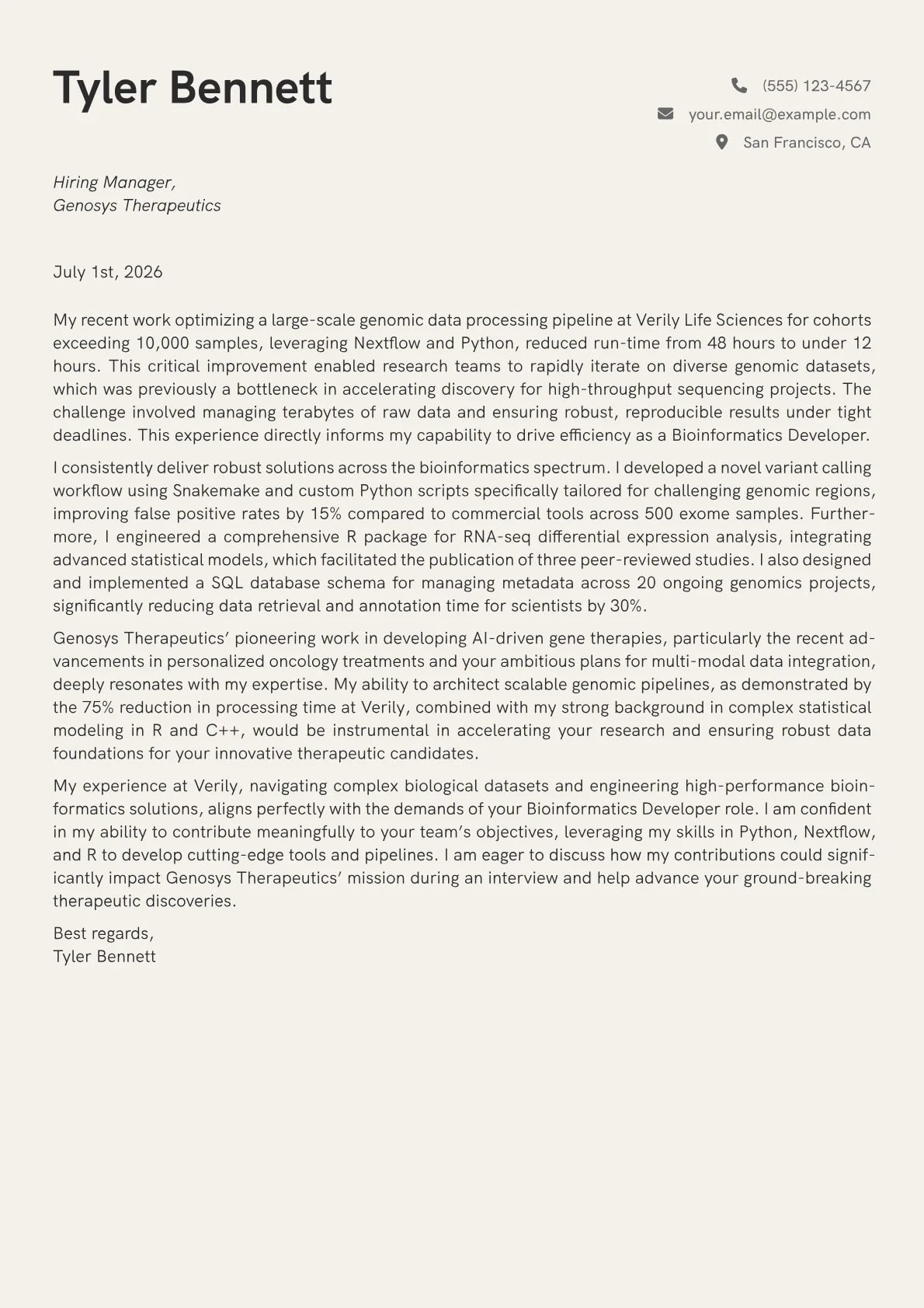 Bioinformatics Developer cover letter formatted with a JobSprout template