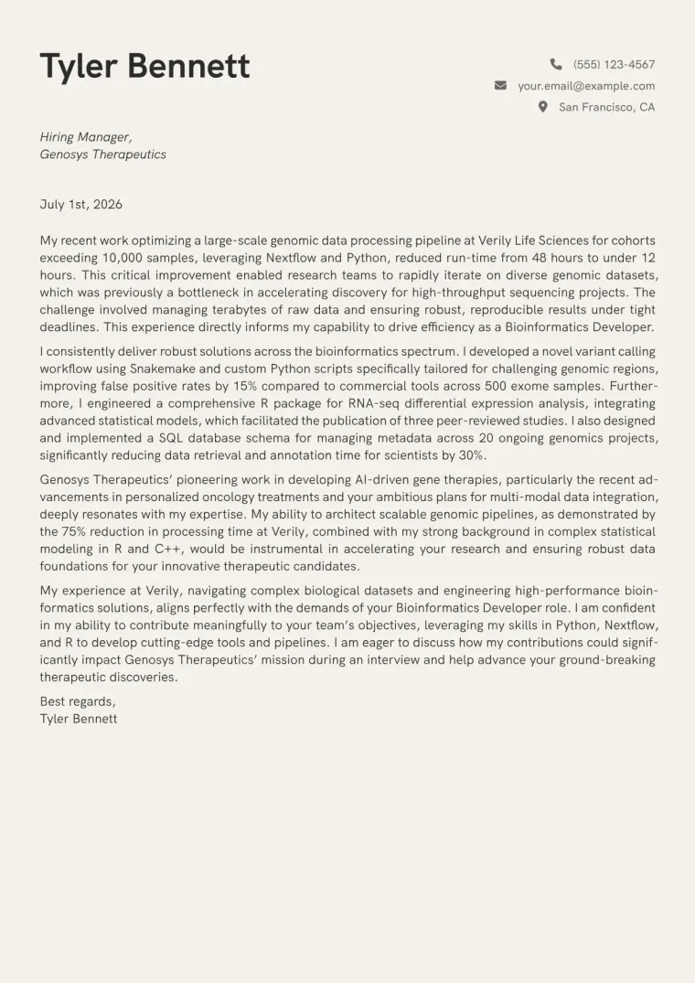 Bioinformatics Developer cover letter example preview