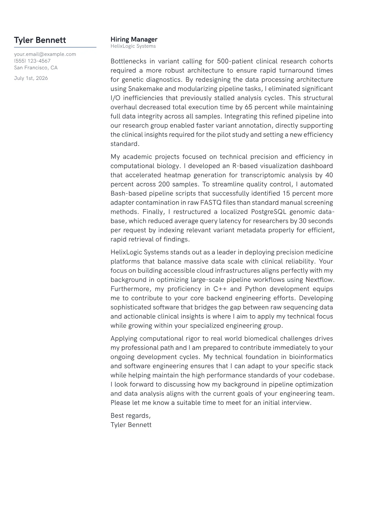 Bioinformatics Developer cover letter in the Margin design