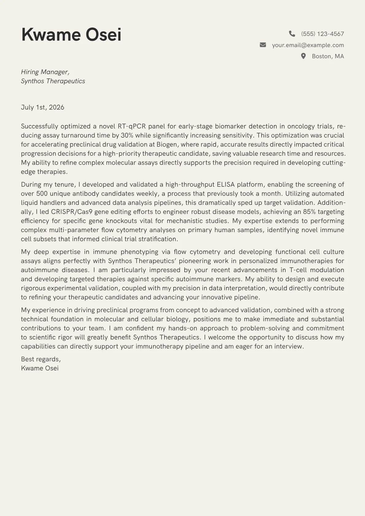 Biological Scientist cover letter formatted with a JobSprout template
