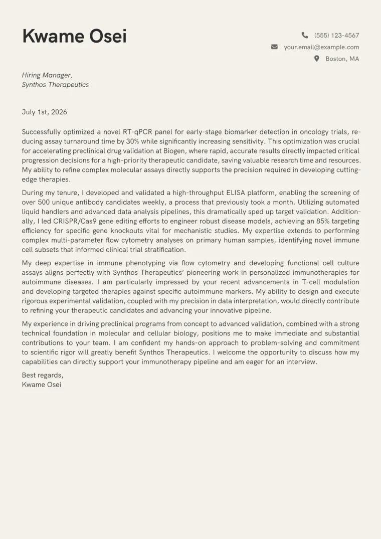 Biological Scientist cover letter example preview