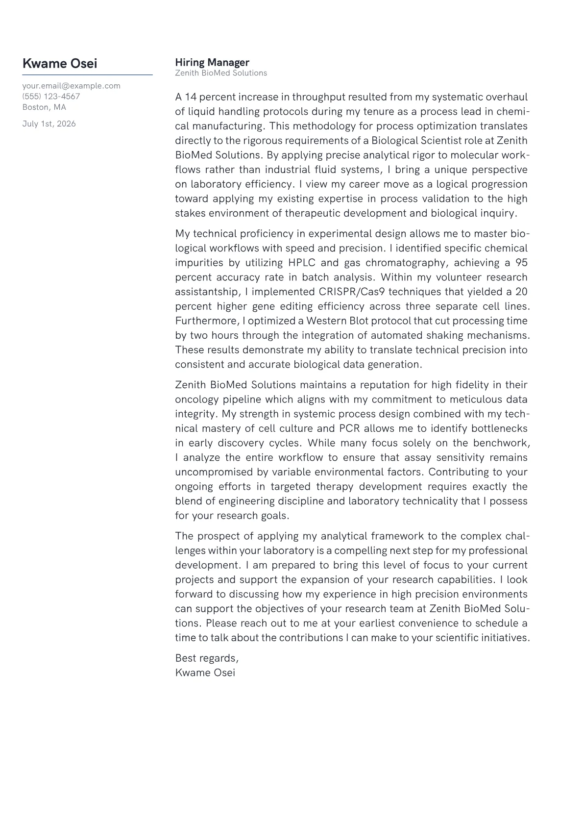 Biological Scientist cover letter in the Margin design