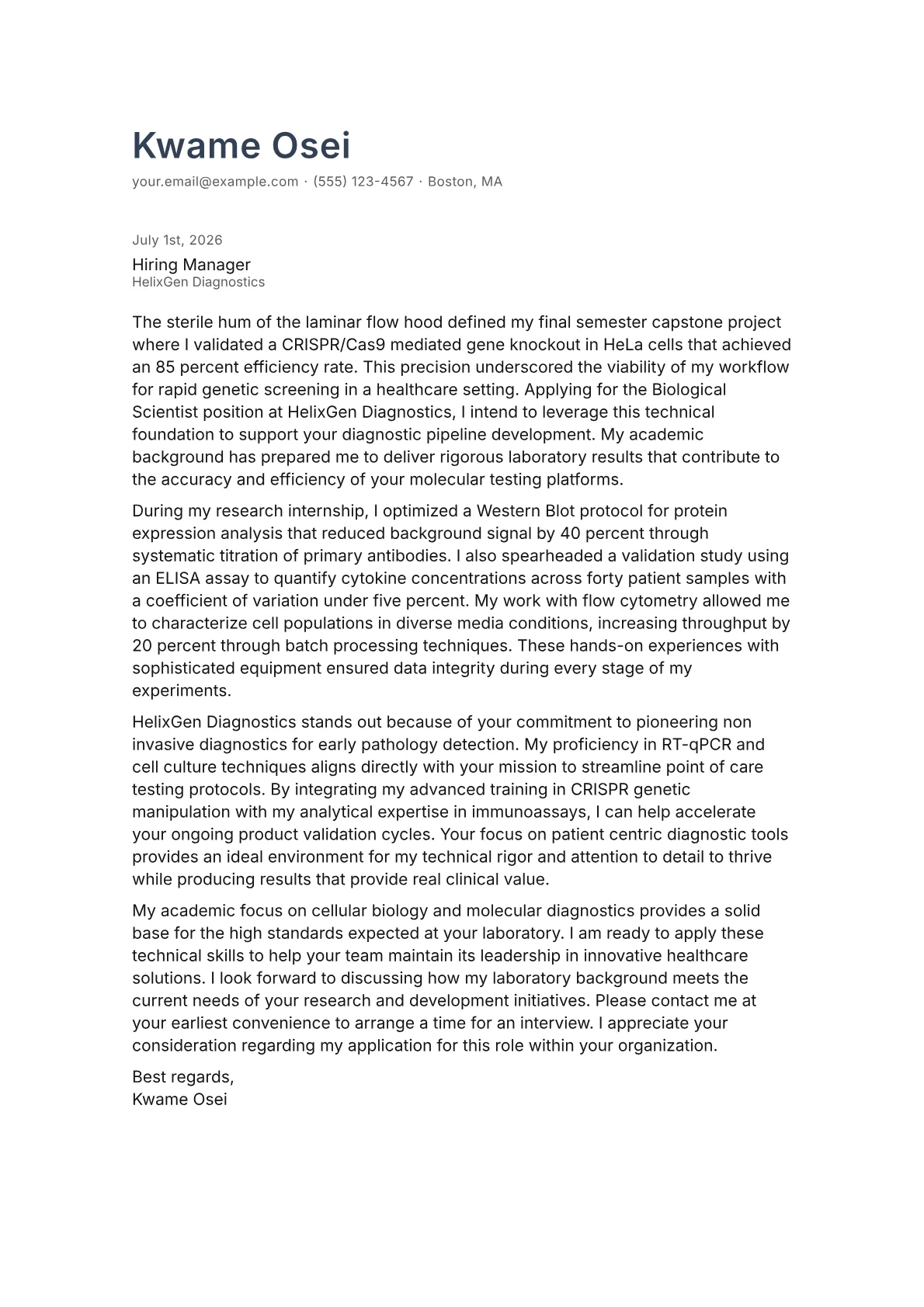 Biological Scientist cover letter in the Minimal design