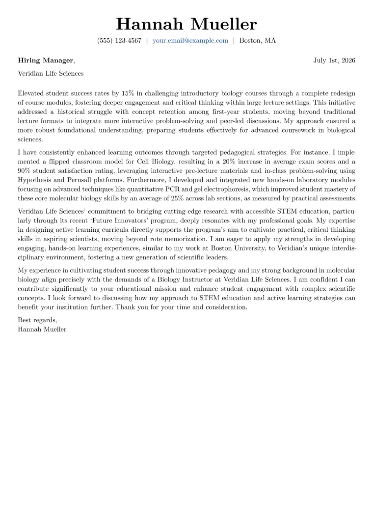 Biology Instructor cover letter example preview