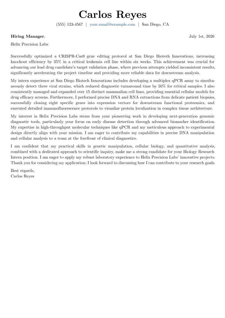 Biology Research Intern cover letter example preview