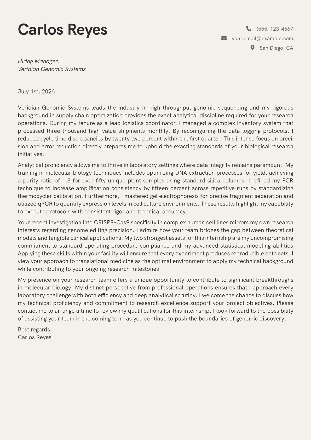 Biology Research Intern cover letter in the Creative design