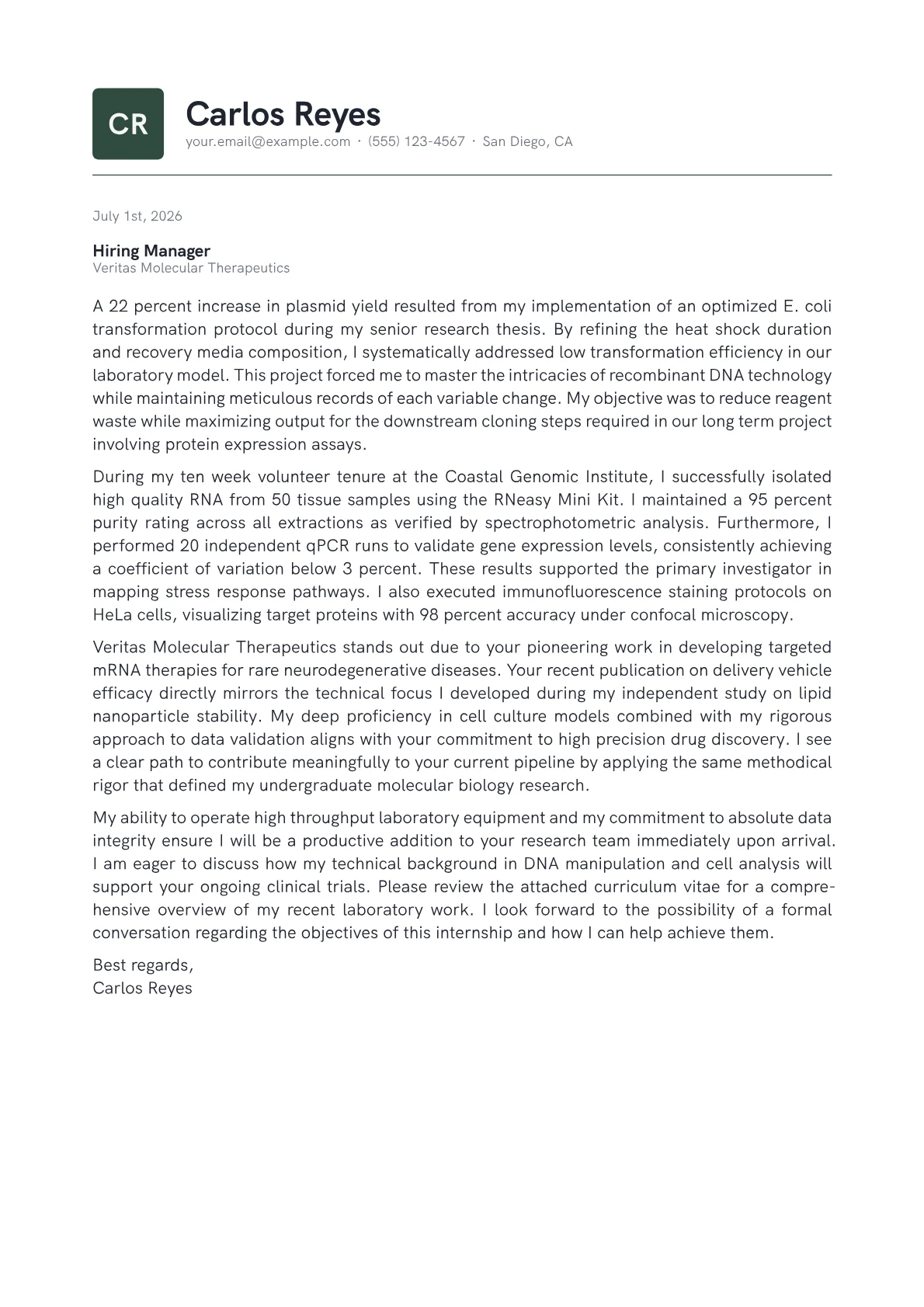 Biology Research Intern cover letter in the Emblem design