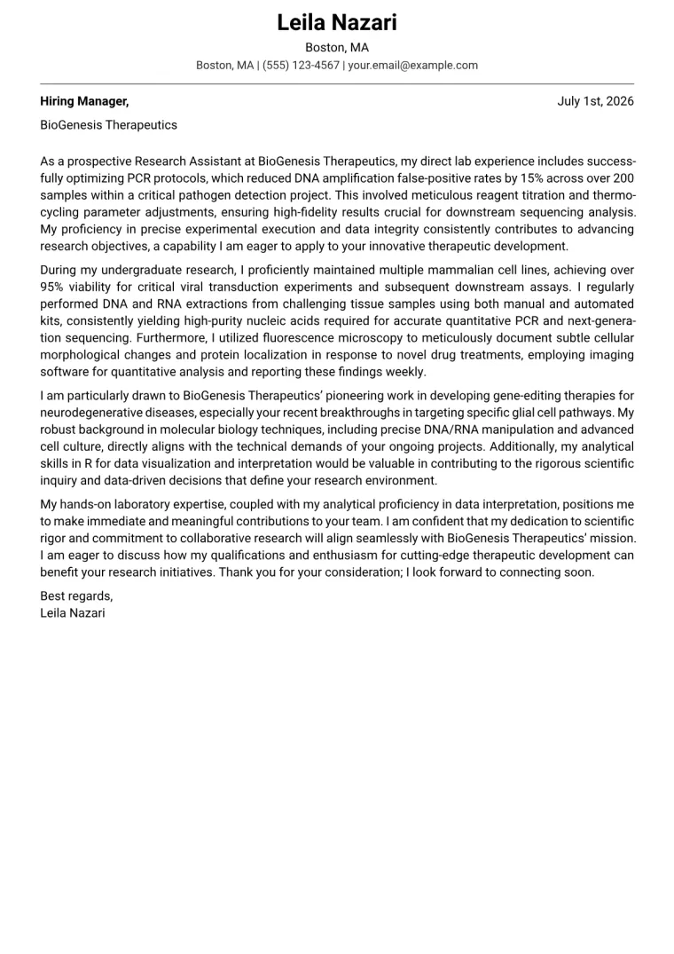 Biology Student cover letter example preview