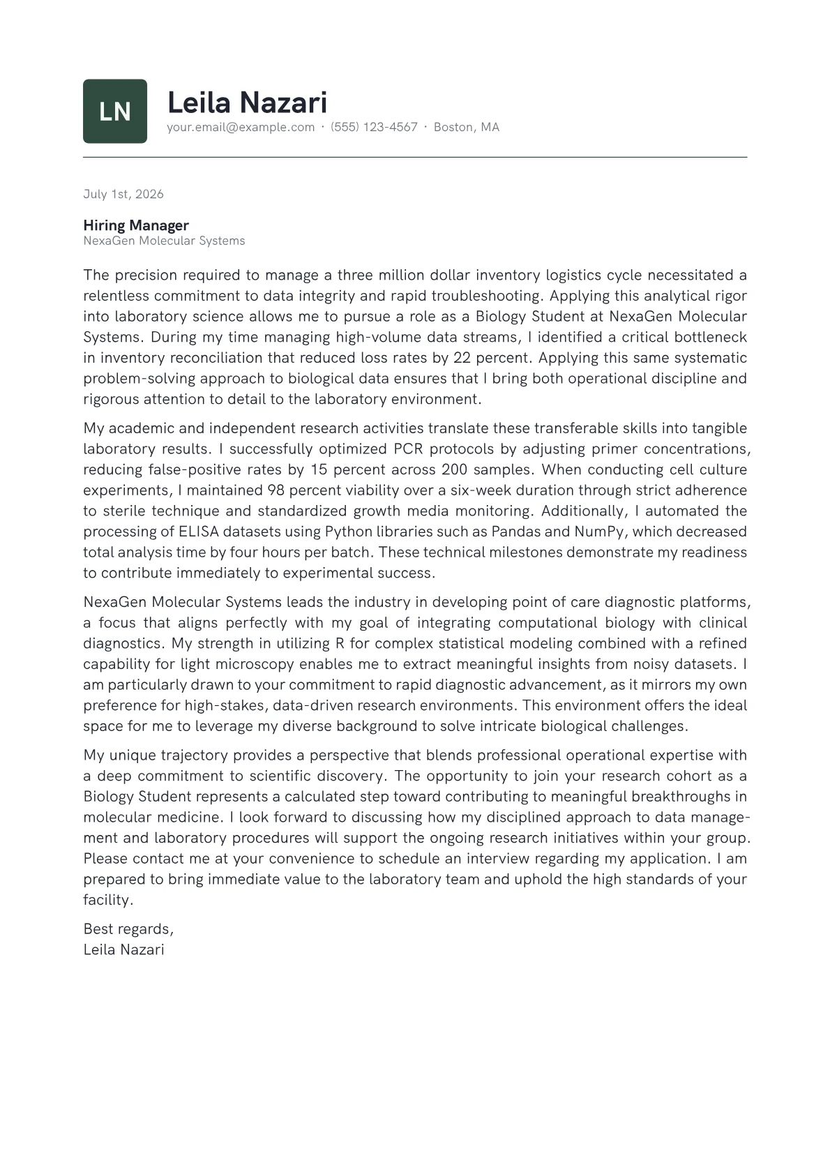Biology Student cover letter in the Emblem design
