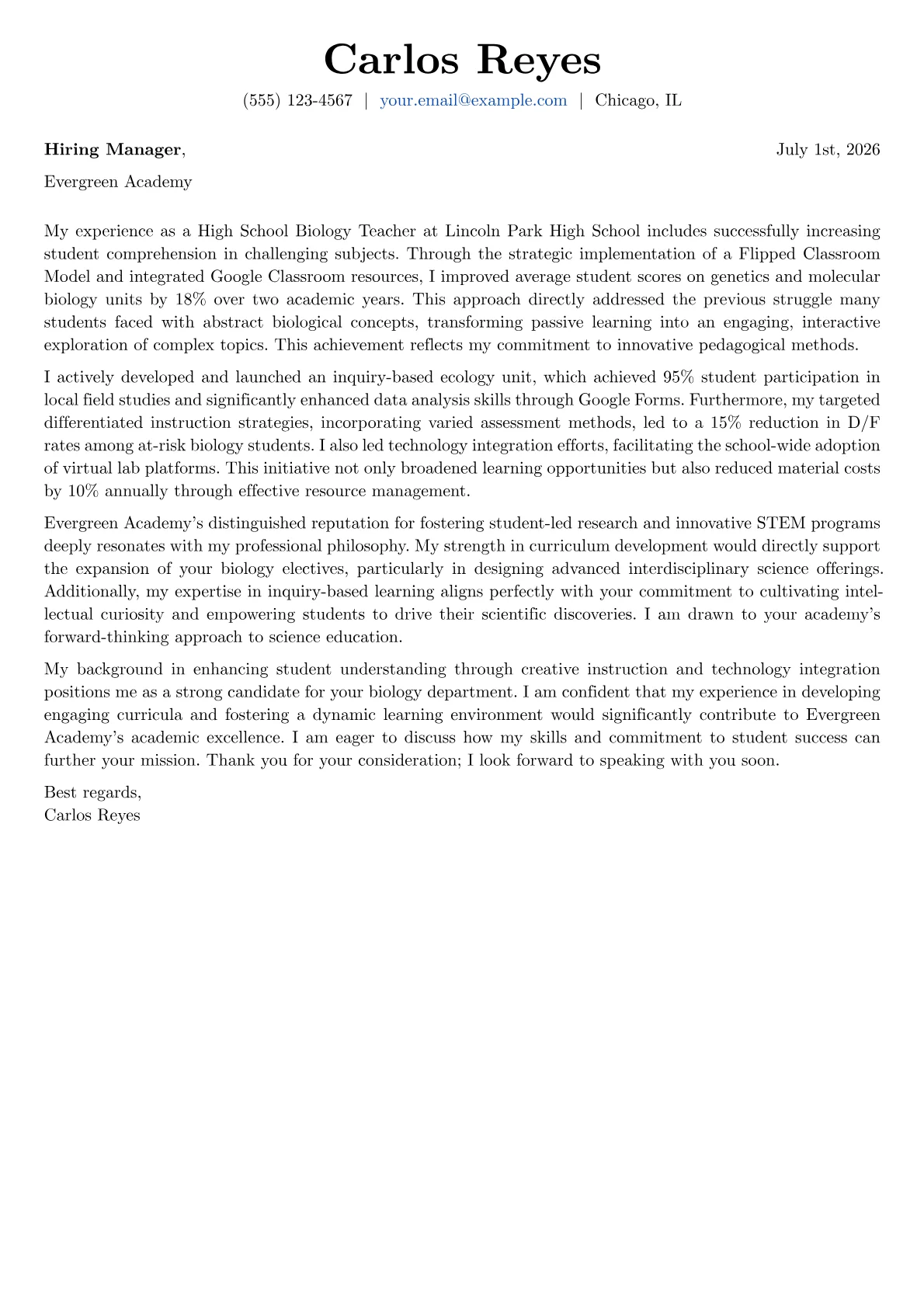 Biology Teacher cover letter formatted with a JobSprout template