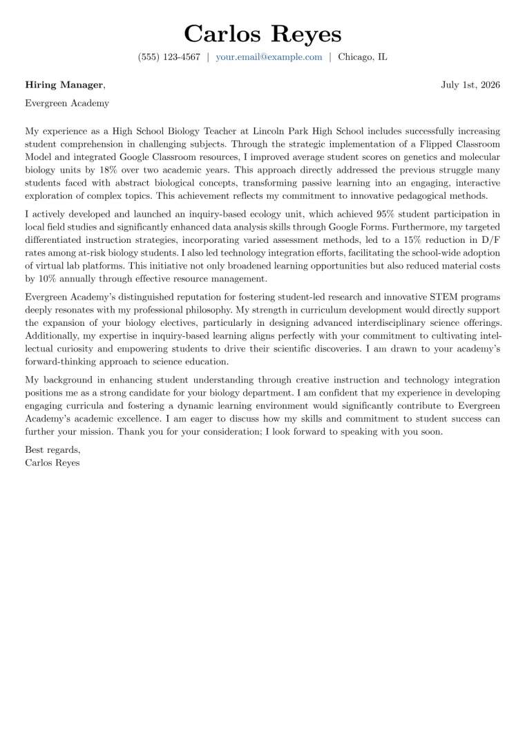 Biology Teacher Cover Letter Example