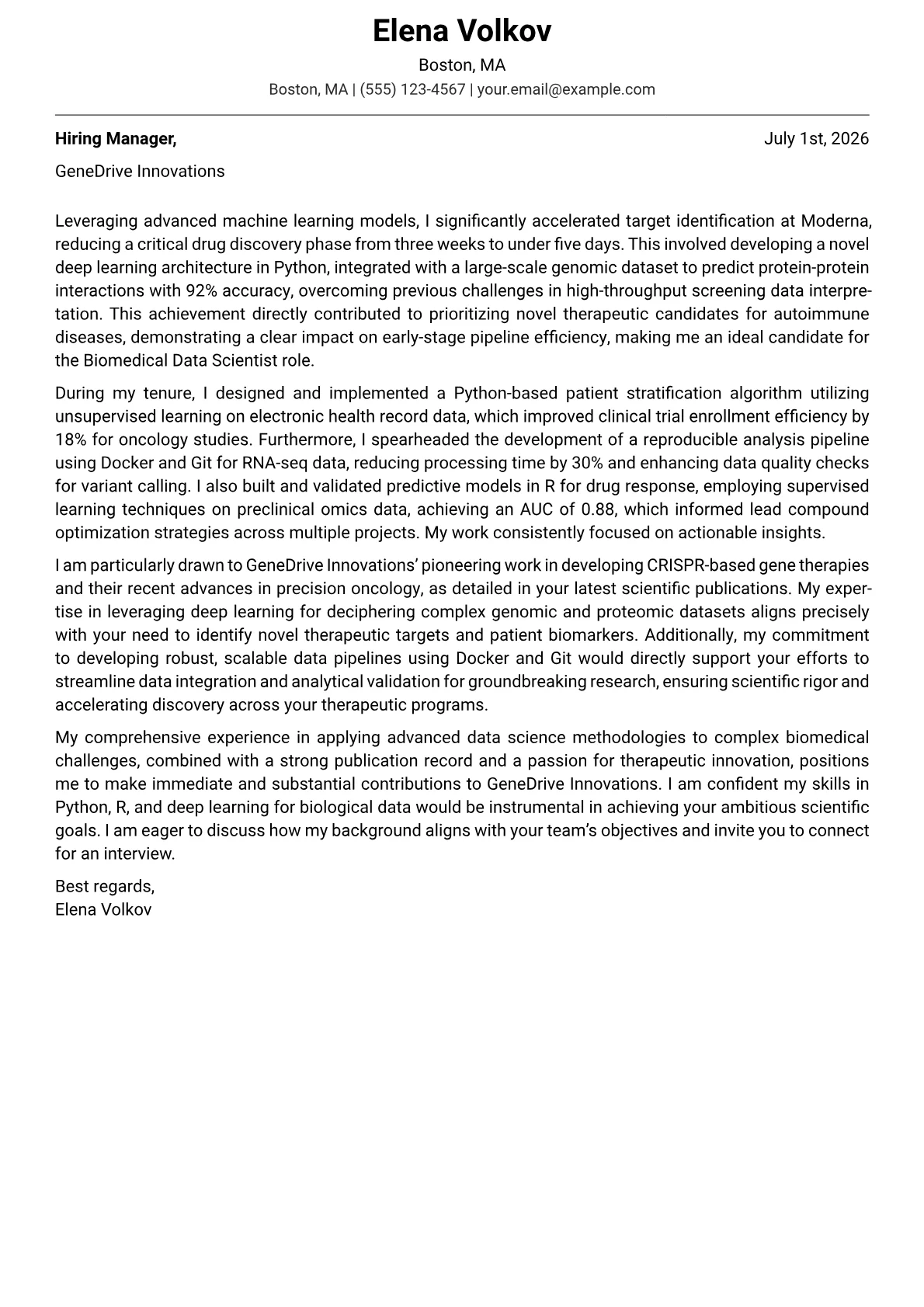 Biomedical Data Scientist cover letter formatted with a JobSprout template