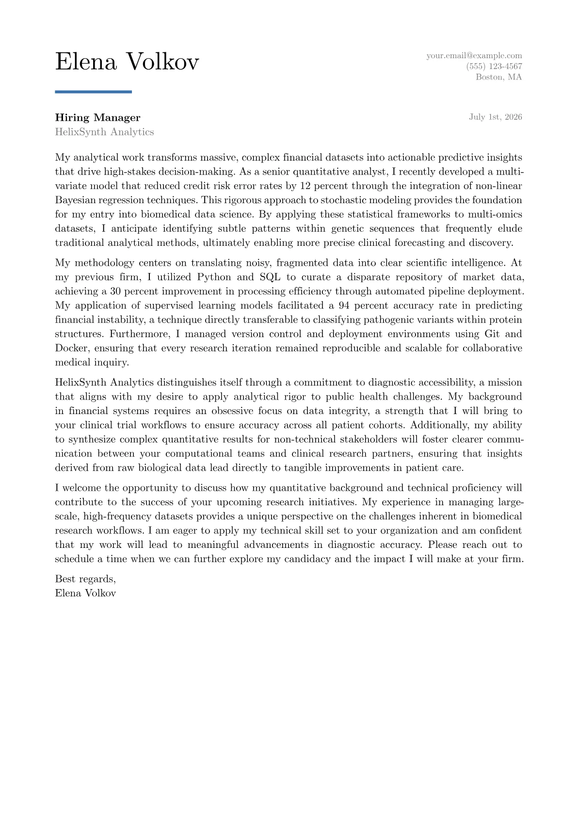 Biomedical Data Scientist cover letter in the Executive design