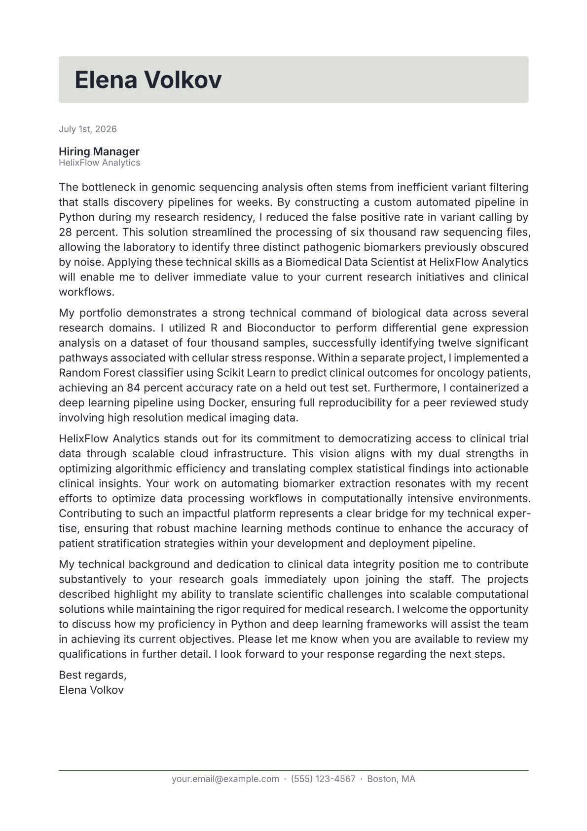 Biomedical Data Scientist cover letter in the Letterhead design