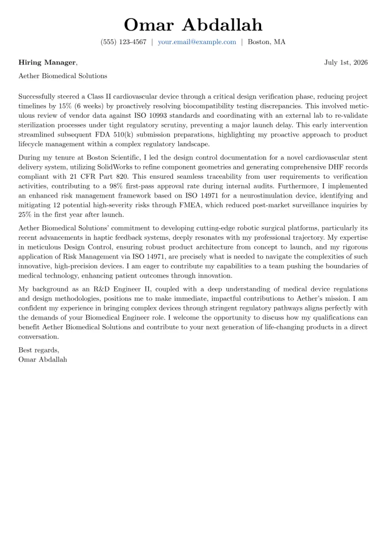 Biomedical Engineer Cover Letter Example