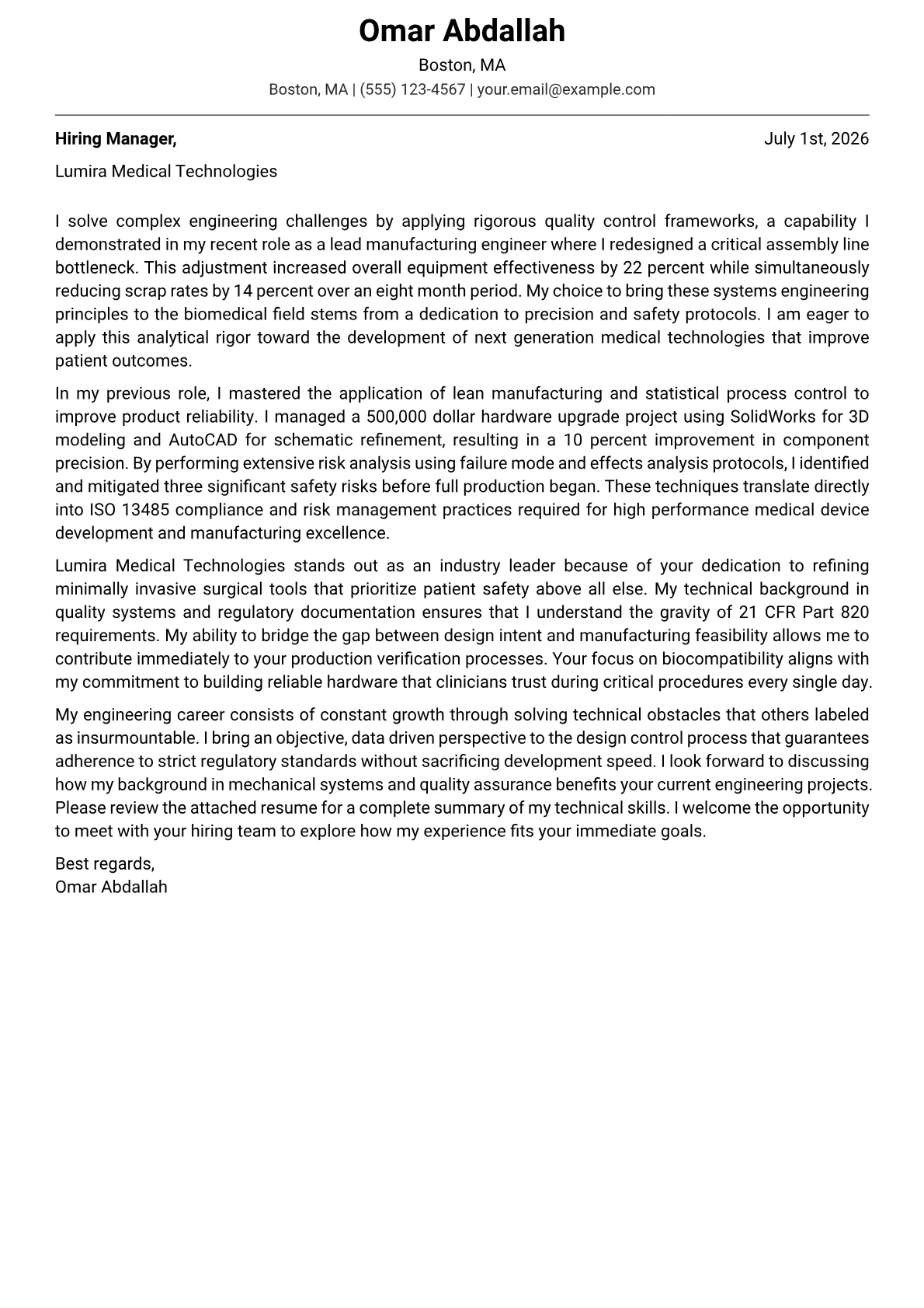 Biomedical Engineer cover letter in the Modern design