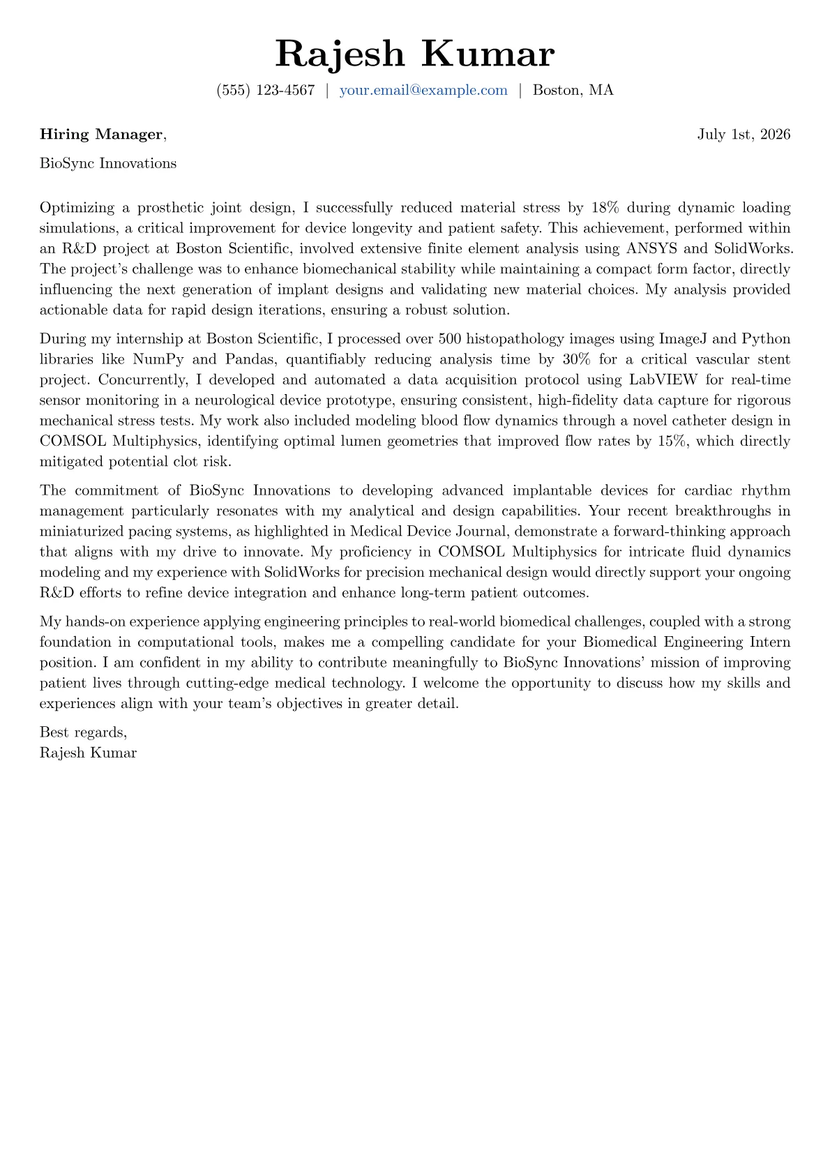 Biomedical Engineering Intern cover letter formatted with a JobSprout template