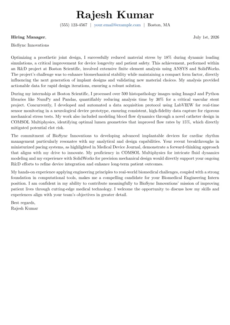 Biomedical Engineering Intern cover letter example preview