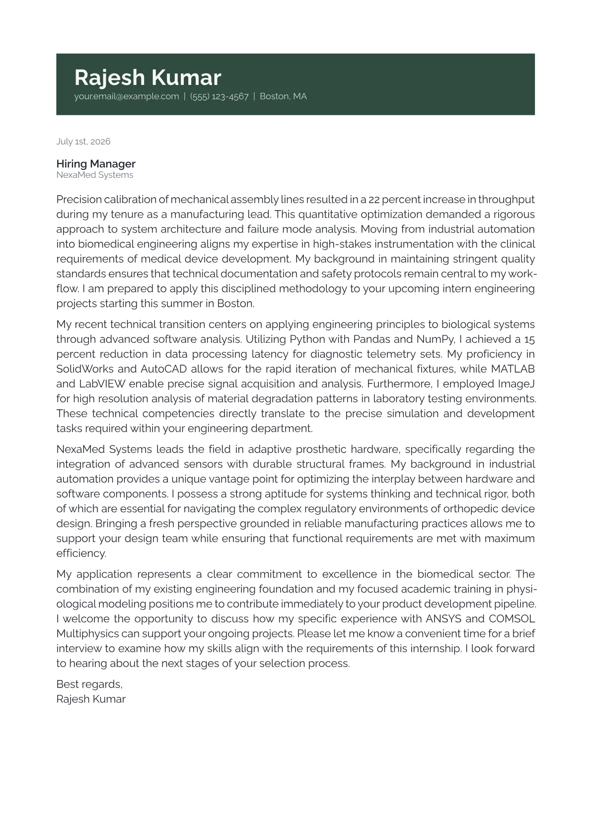 Biomedical Engineering Intern cover letter in the Banner design