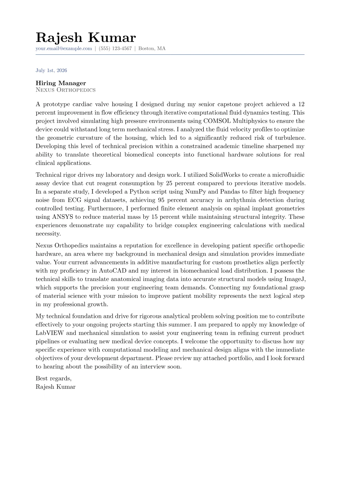 Biomedical Engineering Intern cover letter in the Classic design