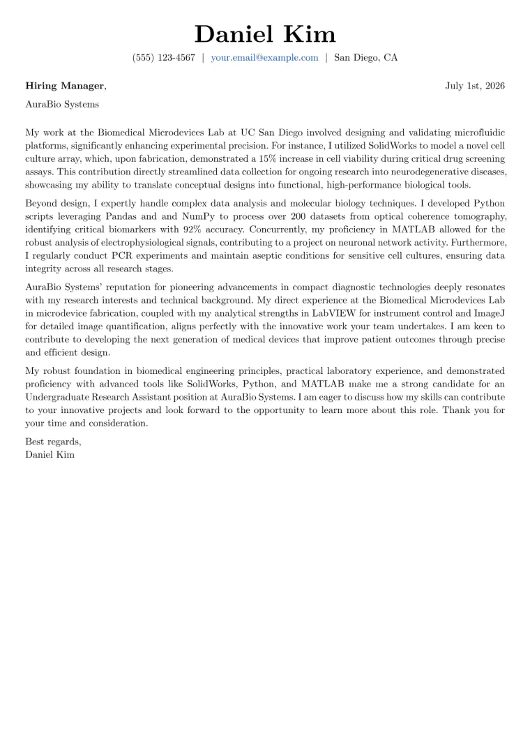 Biomedical Engineering Student Cover Letter Example