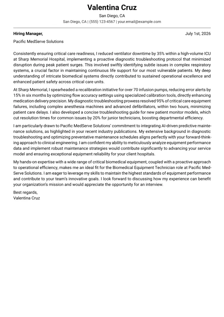 Biomedical Equipment Technician cover letter example preview