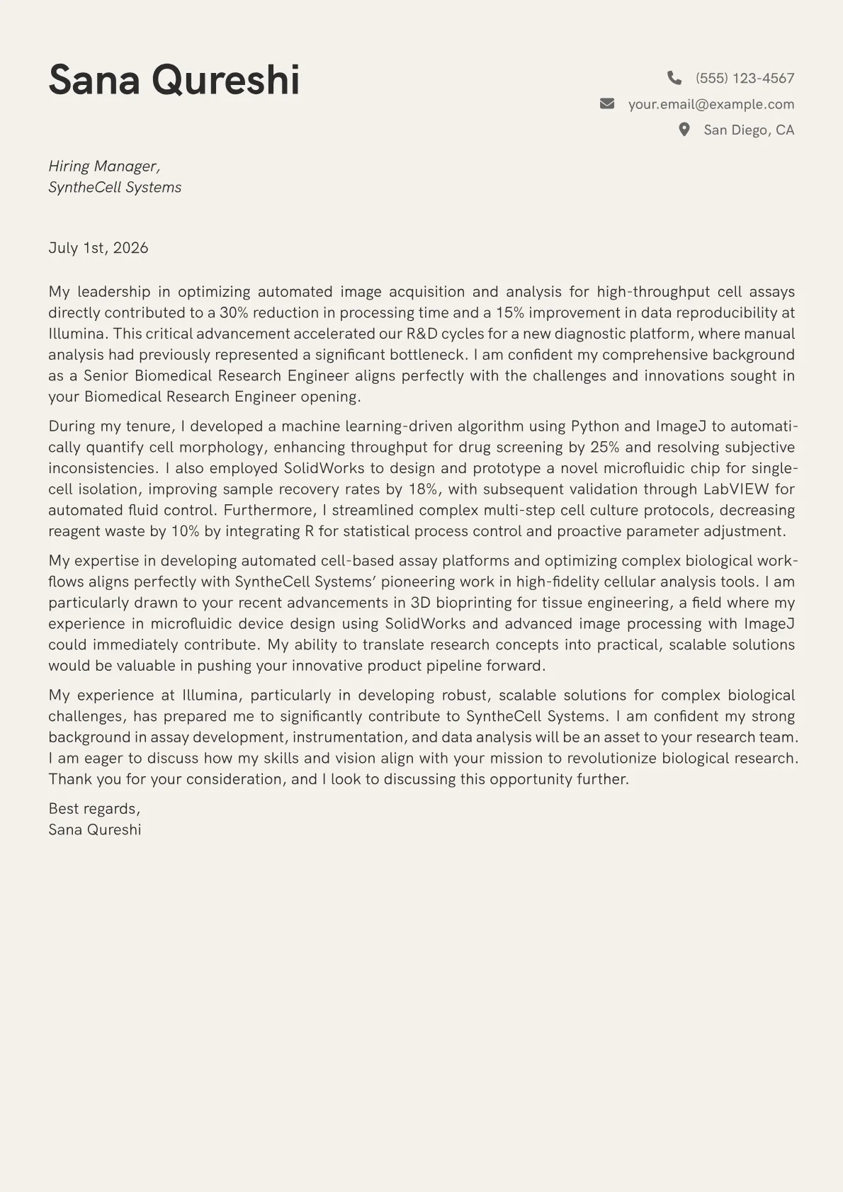 Biomedical Research Engineer cover letter formatted with a JobSprout template