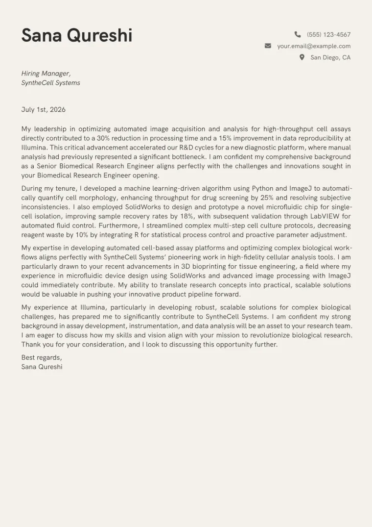Biomedical Research Engineer cover letter example preview