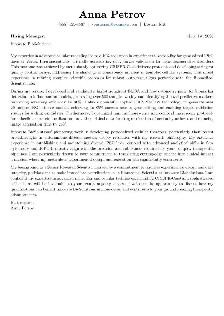 Biomedical Scientist Cover Letter Example