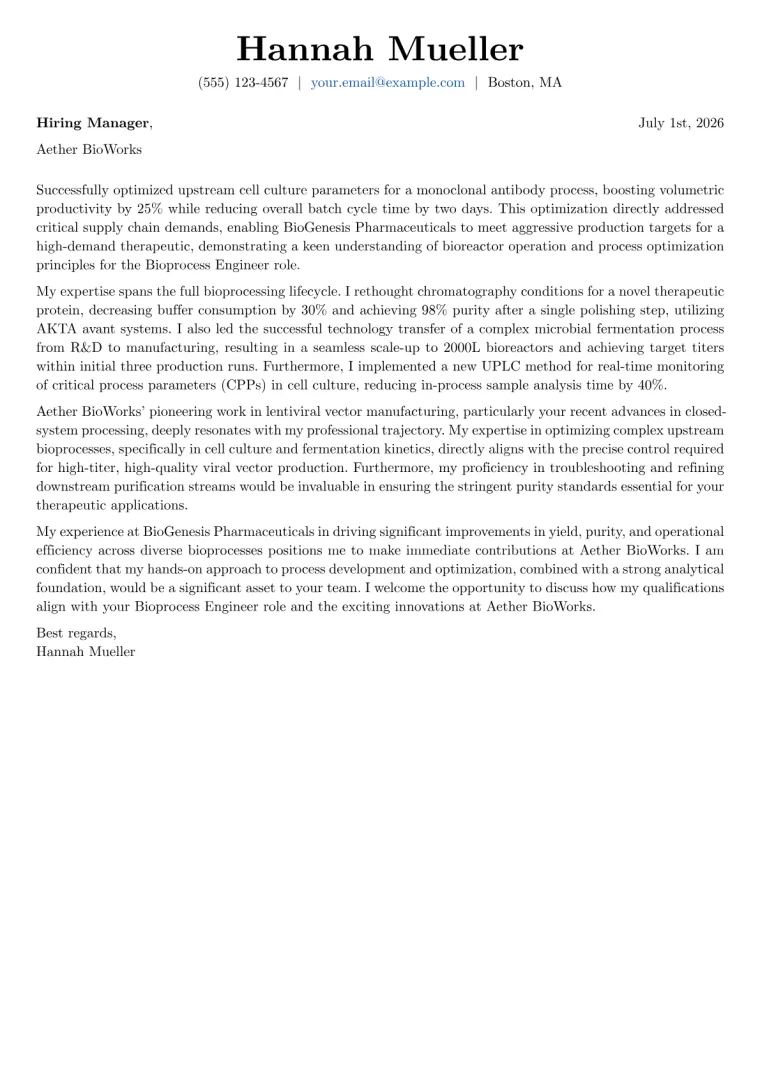 Bioprocess Engineer cover letter example preview