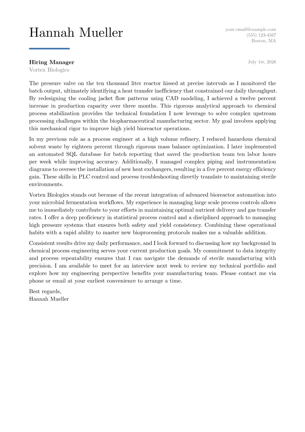 Bioprocess Engineer cover letter in the Executive design