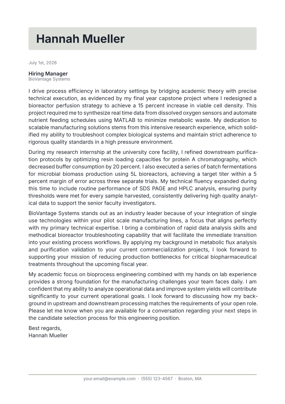 Bioprocess Engineer cover letter in the Letterhead design