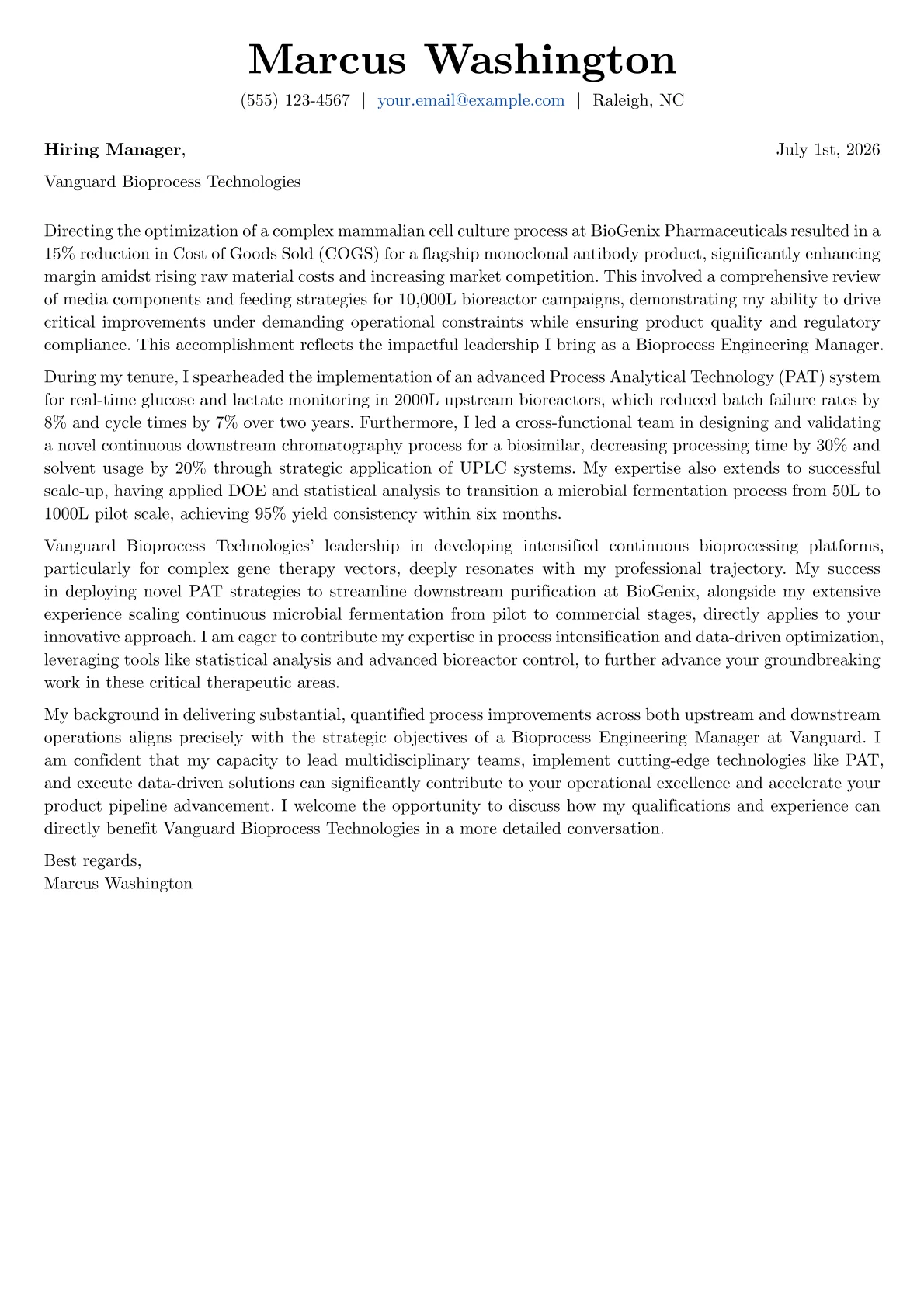 Bioprocess Engineering Manager cover letter formatted with a JobSprout template