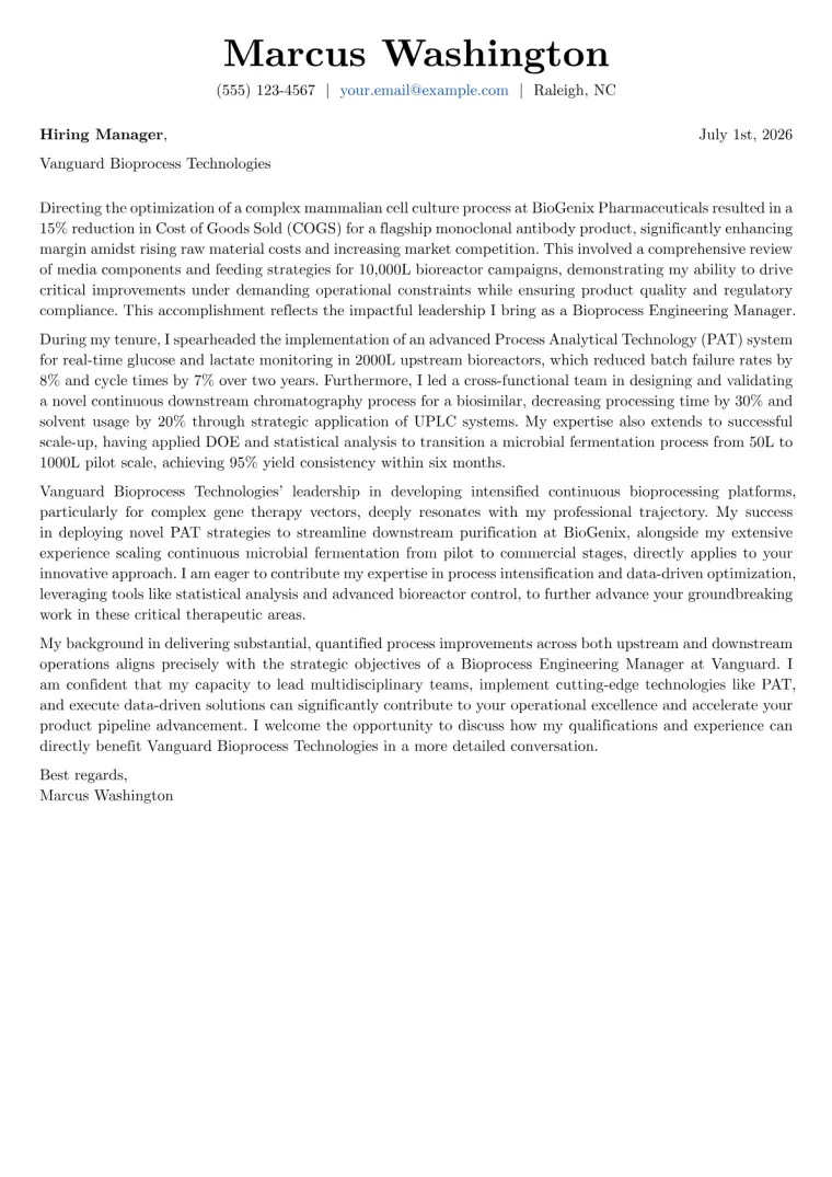 Bioprocess Engineering Manager cover letter example preview