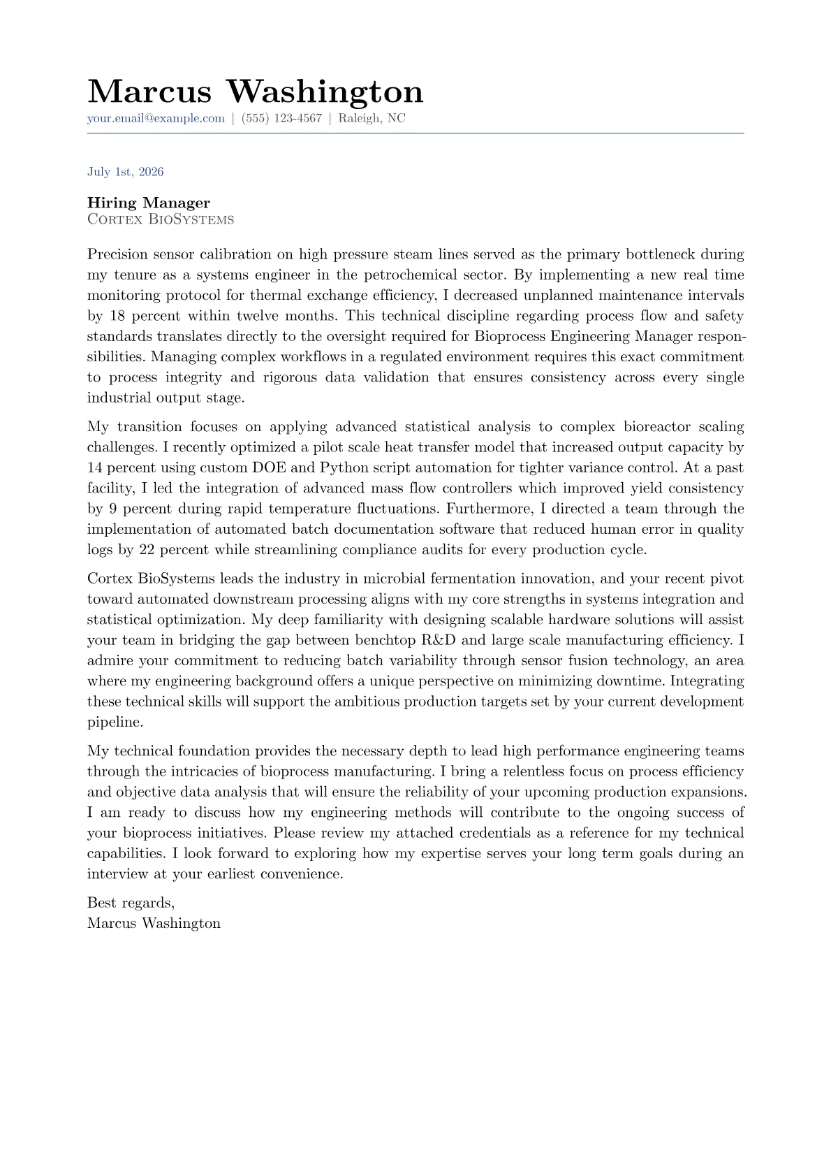 Bioprocess Engineering Manager cover letter in the Classic design