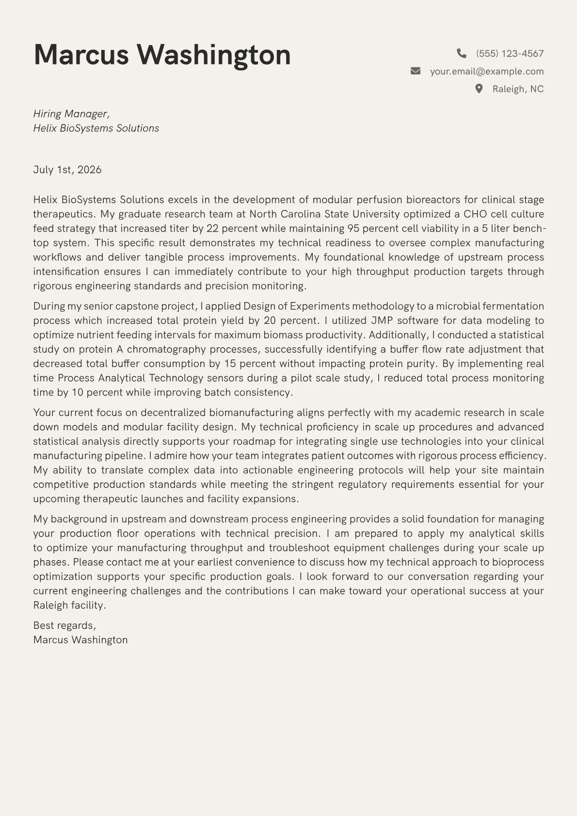 Bioprocess Engineering Manager cover letter in the Creative design