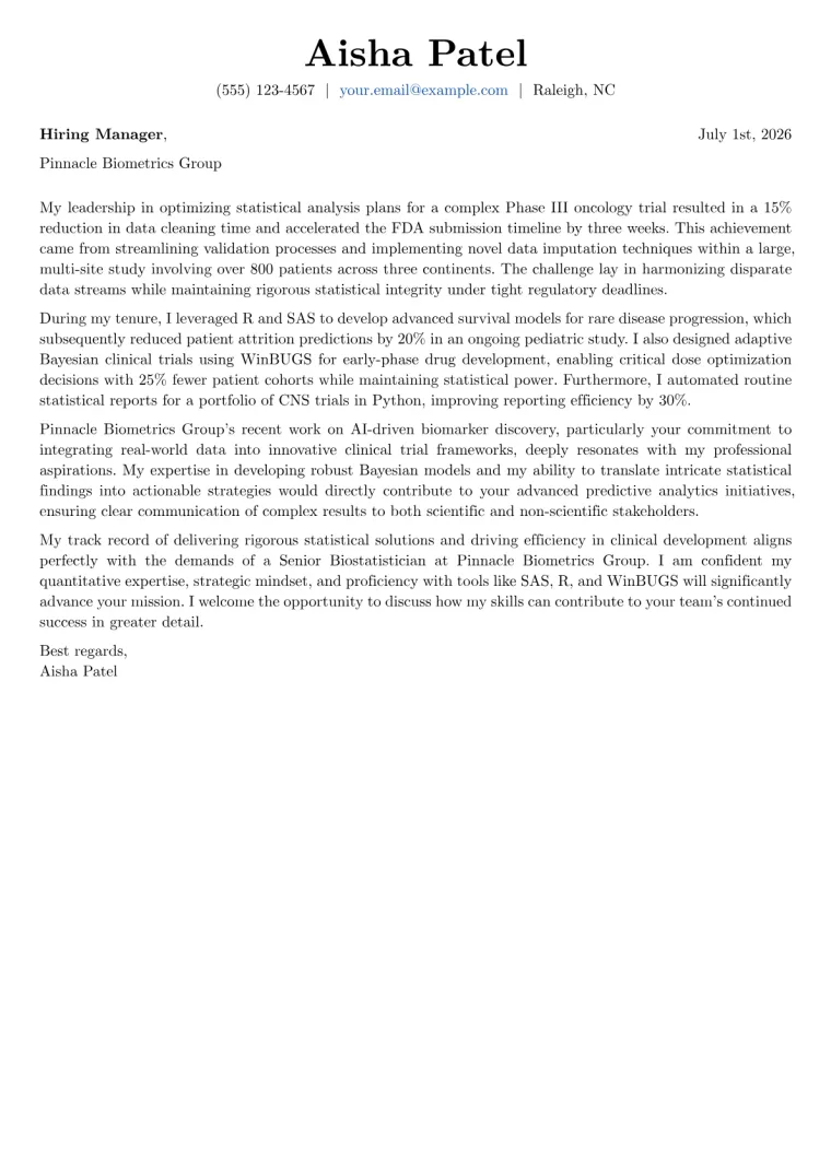 Biostatistician cover letter example