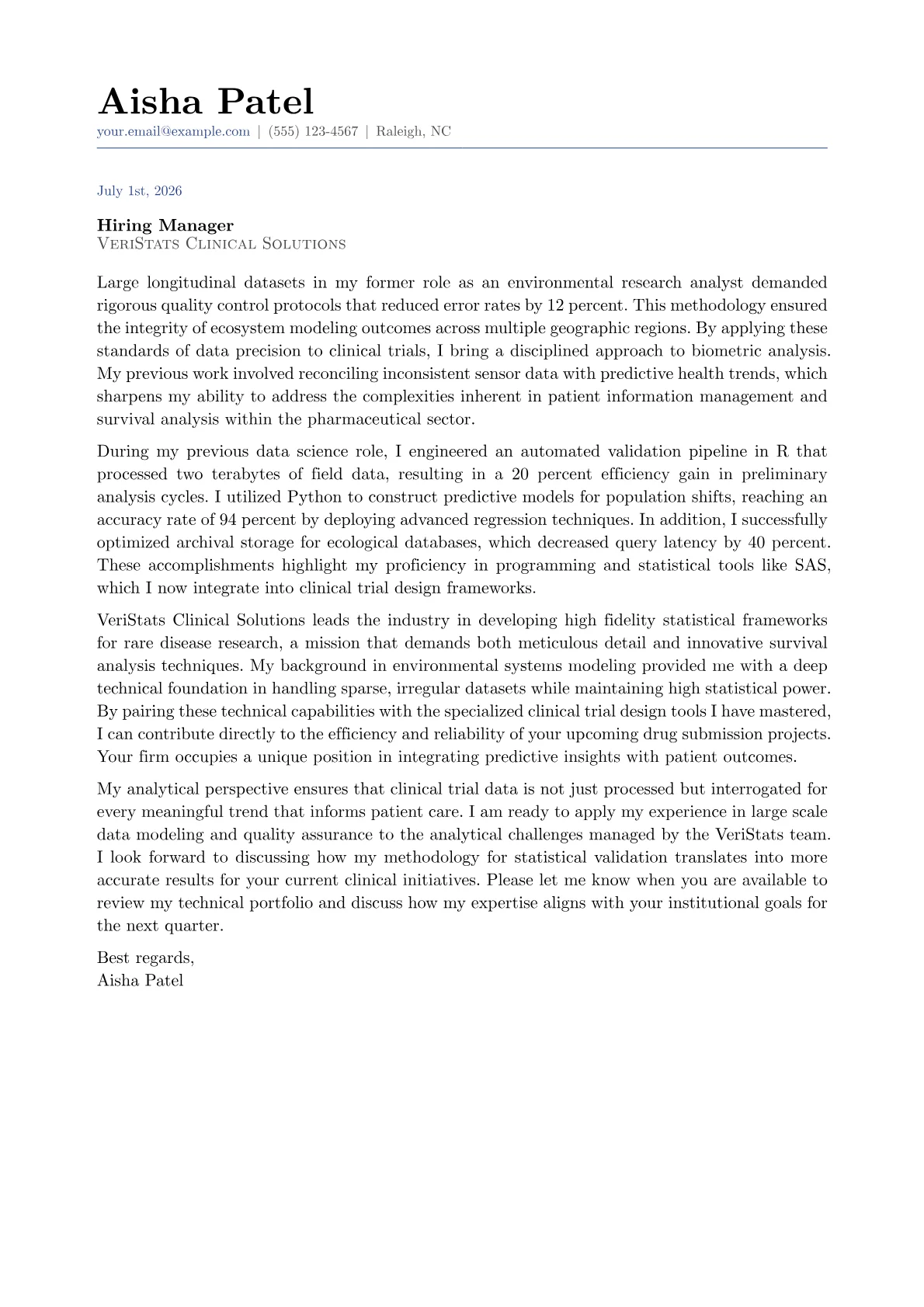 Biostatistician cover letter in the Classic design
