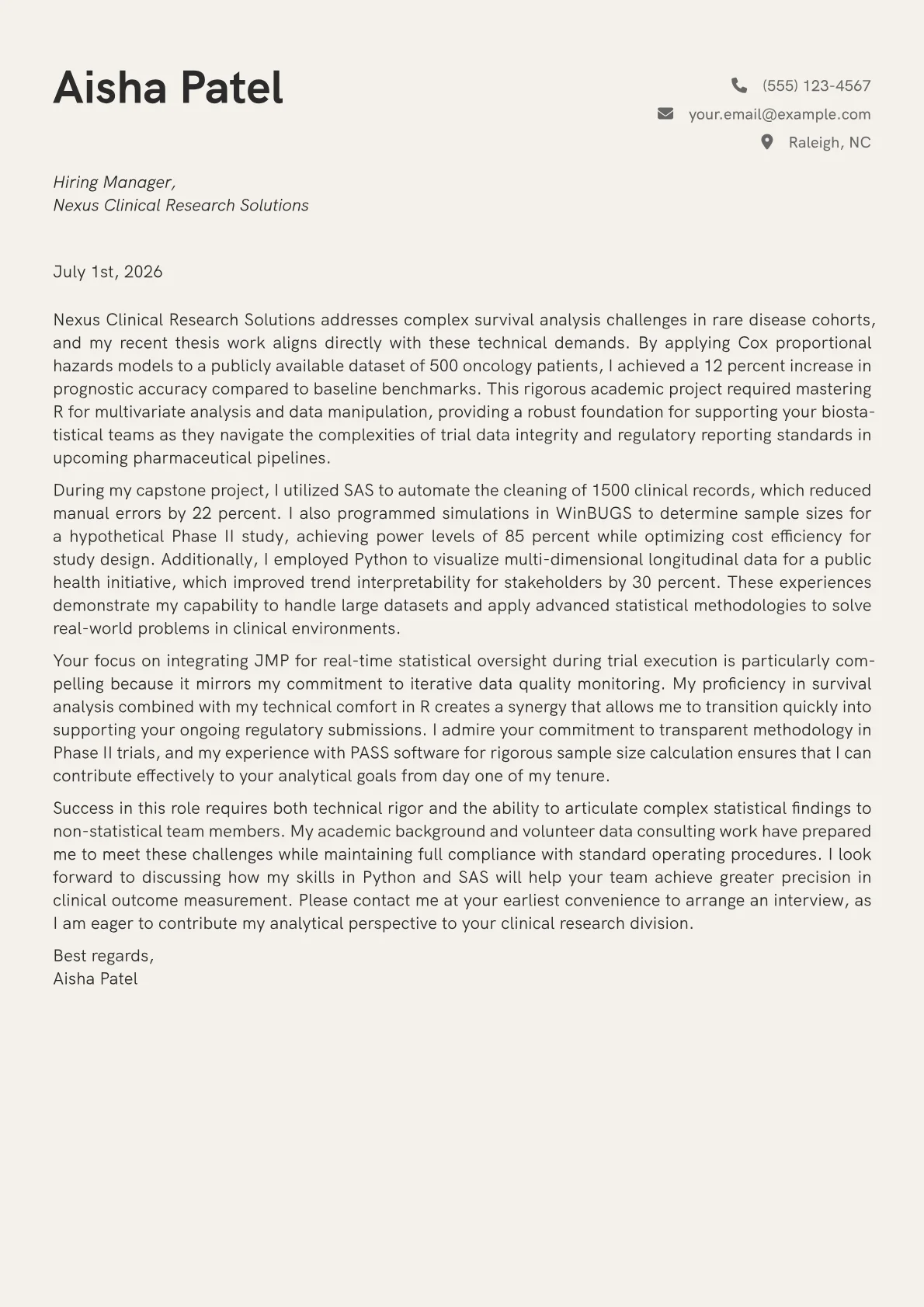 Biostatistician cover letter in the Creative design
